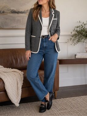 Banana Republic Wool Blend Tweed Blazer Gray White Preppy Tailored Womens 10
